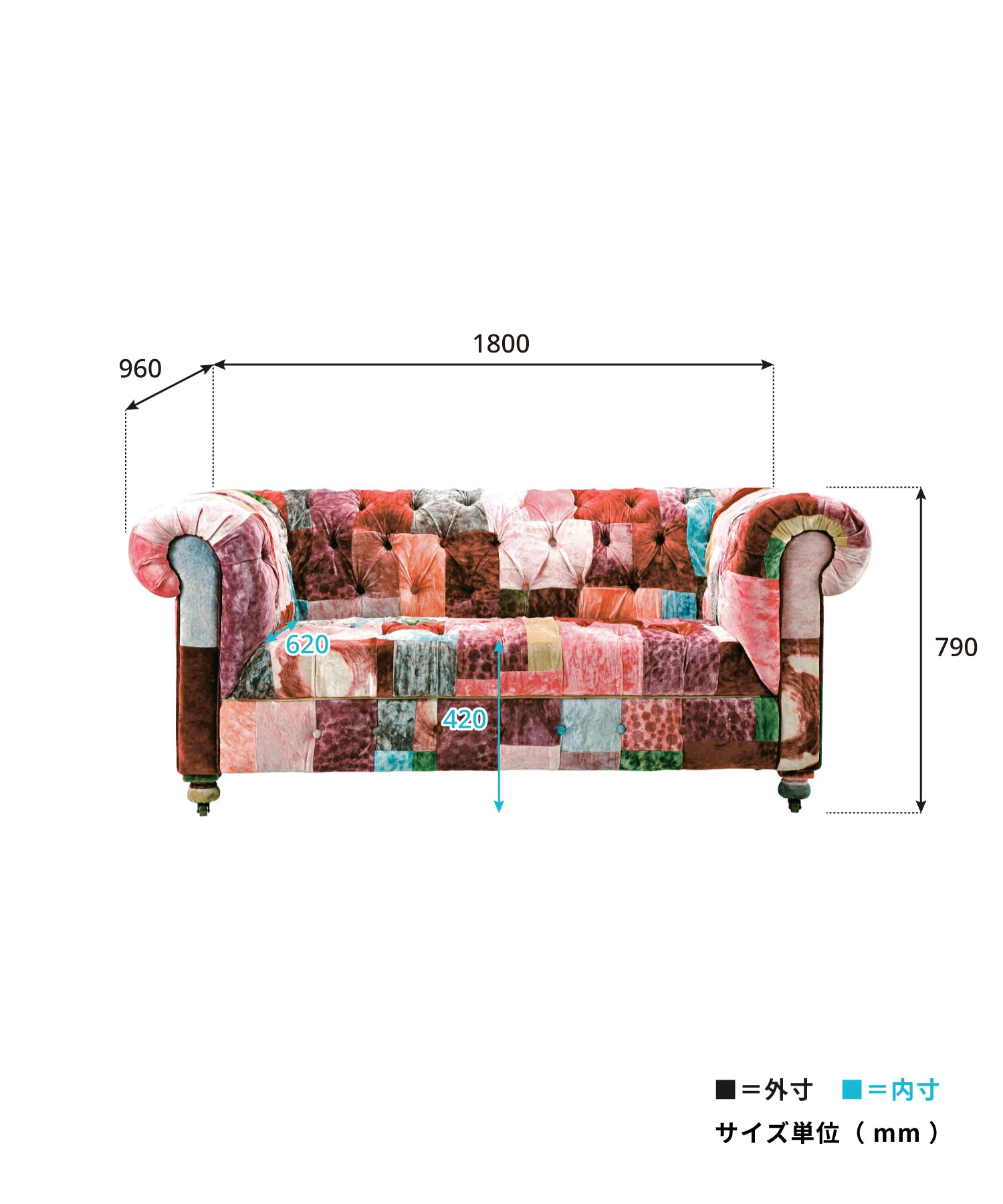 BENSINGTON 2P SOFA VELVET PATCHWORK BOHEM